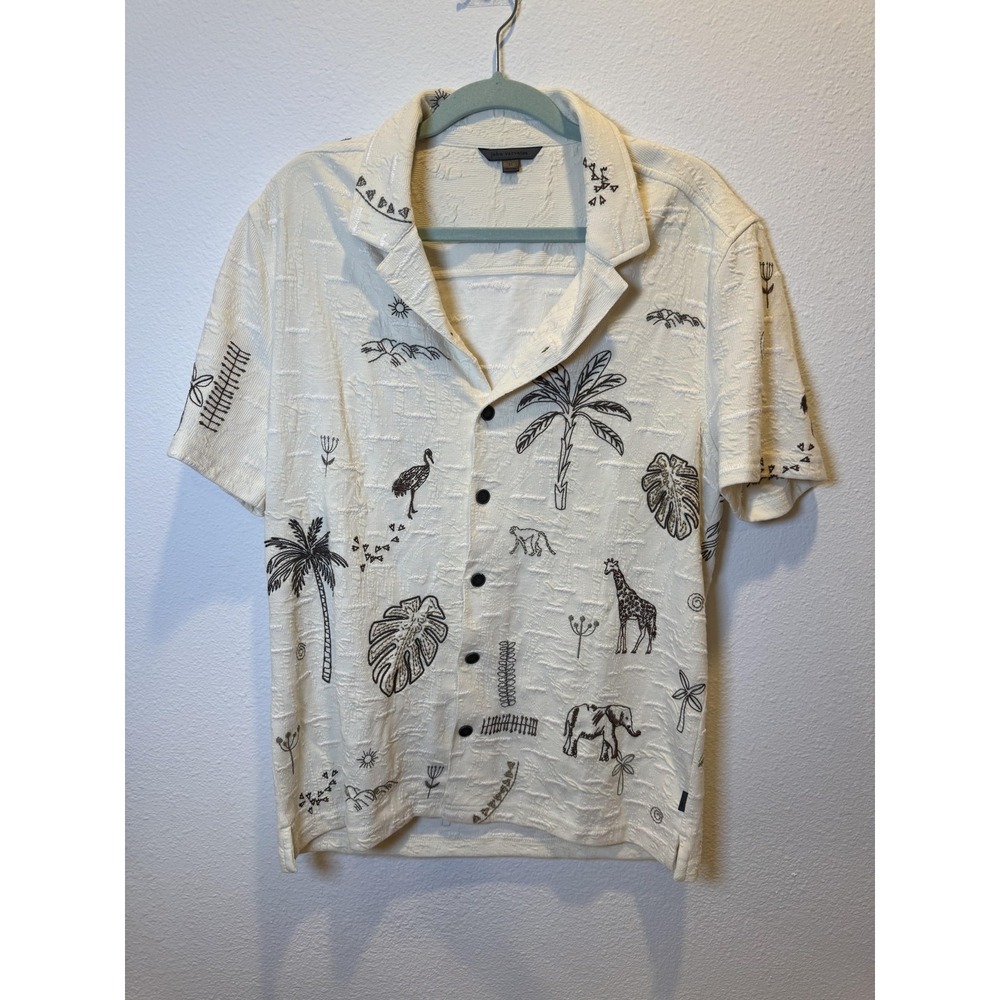 John Varvatos Shirt Mens Medium White Safari Embroidered Button Up Short Sleeve